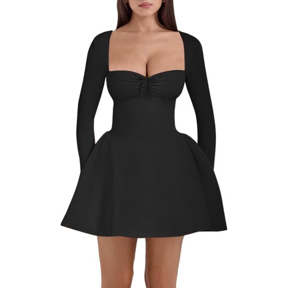 Dresses & Skirts - Women's Fit Flare Mini Dress Long Sleeve Heart Neck Casual Party